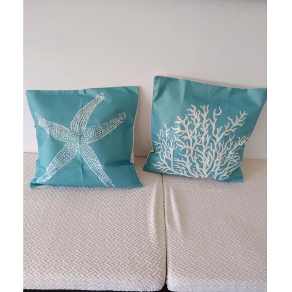 Beach Pillow Covers Cases Set Coastal Cottage Nautical Decor Starfish Decoration - Picture 2 of 9